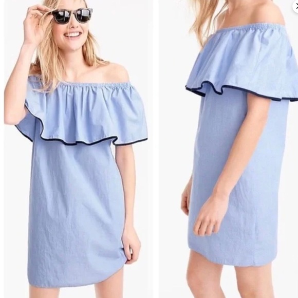 NWOT J.Crew Tipped Off-The-Shoulder Ruffle Blue Cotton Mini Dress Size L - Picture 1 of 6